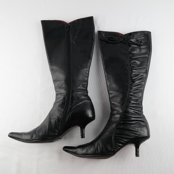 Moda In Pelle Tall Ruched Leather Boots Sz 37 - Picture 2 of 8